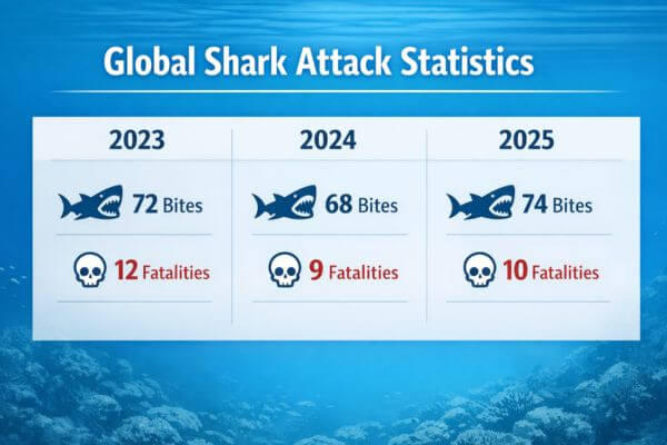 Global shark attack statistics showing yearly bites and fatalities