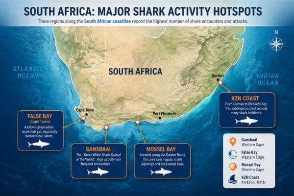 Map showing shark activity locations along the South African coastline
